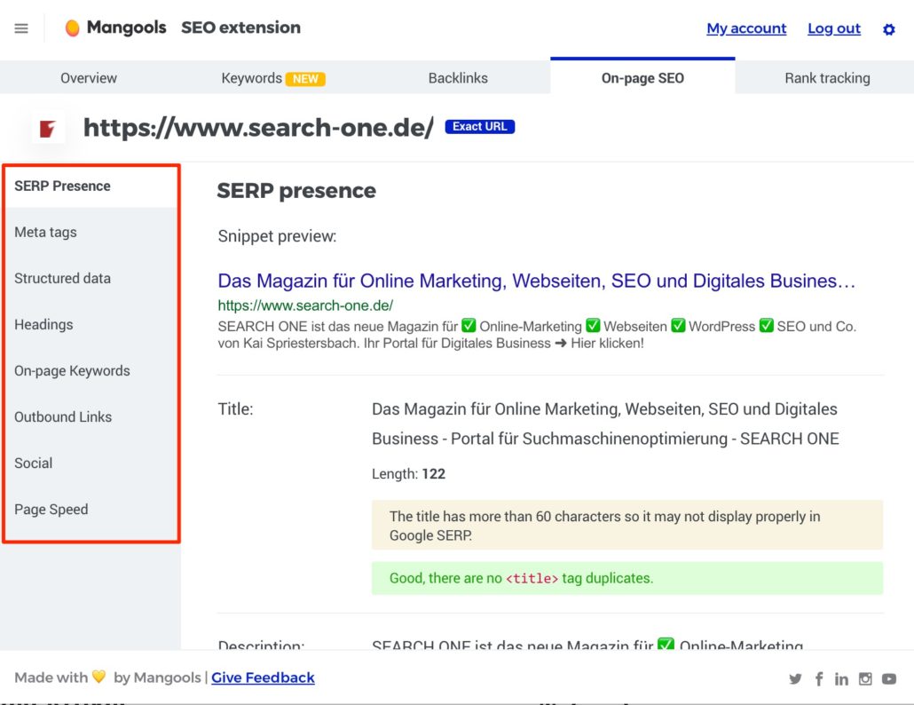 Mangools SEO Extension - Onpage SEO