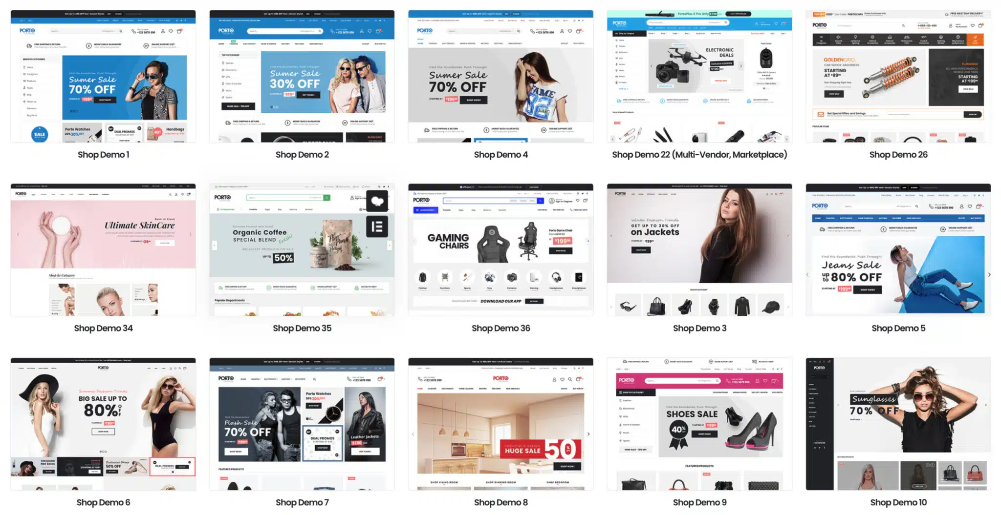 Theme Demos für E-Commerce Seiten und Online Shops mit Porto auf Basis von WooCommerce und WordPress