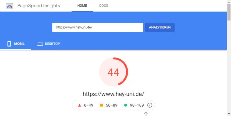 Vorher: Nur 44 Punkte in Googles PageSpeed Insights Test