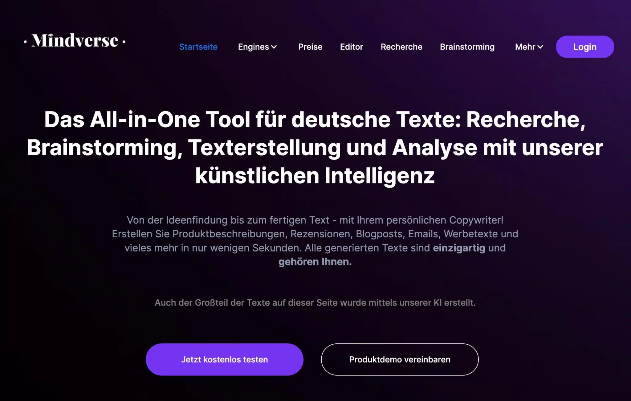Das All-in-One Tool für deutsche Texte: Recherche, Brainstorming, Texterstellung und Analyse mit unserer künstlichen Intelligenz