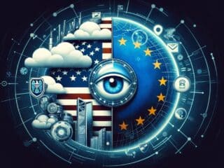 Bild, das die komplexe Beziehung zwischen den USA, der EU und Fragen des Datenschutzes visuell darstellt, mit Schwerpunkt auf dem Cloud Act und der NSA