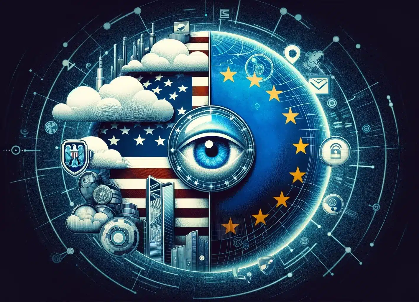 Bild, das die komplexe Beziehung zwischen den USA, der EU und Fragen des Datenschutzes visuell darstellt, mit Schwerpunkt auf dem Cloud Act und der NSA