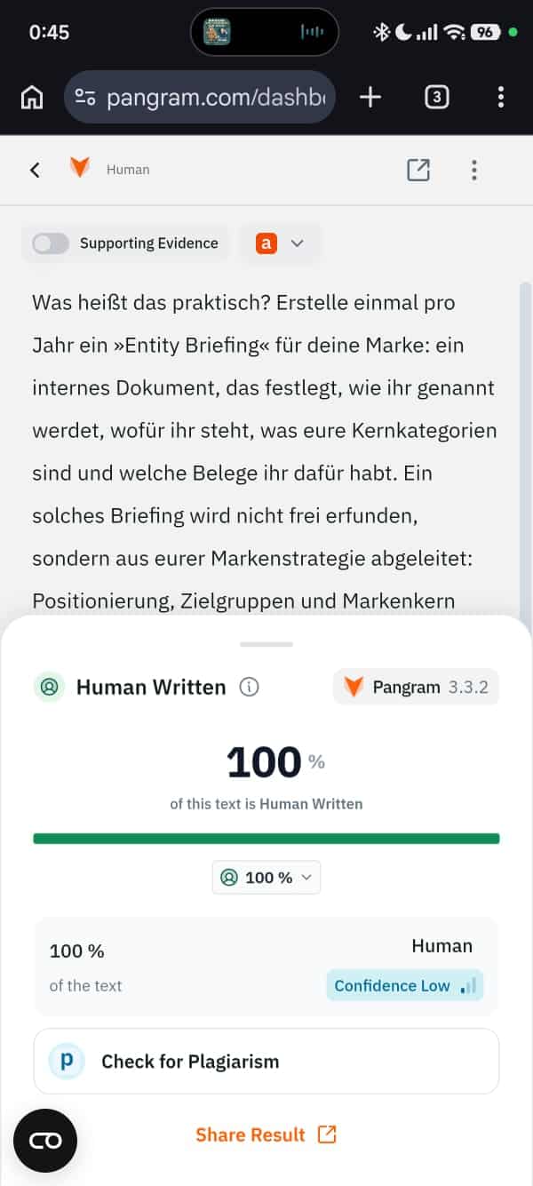 Screenshot der Pangram-Auswertung eines deutschsprachigen Textes. Pangram 3.3.2 zeigt „Human Written“, „100% of this text is Human Written“ und gleichzeitig „Confidence Low“.