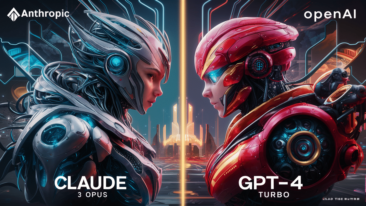 Generated by Ideogram 1.0 - Prompt: A visually striking comparison of the top models from Anthropic and OpenAI, Claude 3 Opus and GPT-4 Turbo, side by side. The models are illustrated as sleek, futuristic robots with intricate designs and glowing elements. Claude 3 Opus is shown in a blue and silver color scheme, while GPT-4 Turbo is in a vibrant red and gold. The background is a futuristic cityscape, with neon lights and innovative architectural designs. The overall tone is captivating and dynamic, reflecting the advanced capabilities of these AI models.