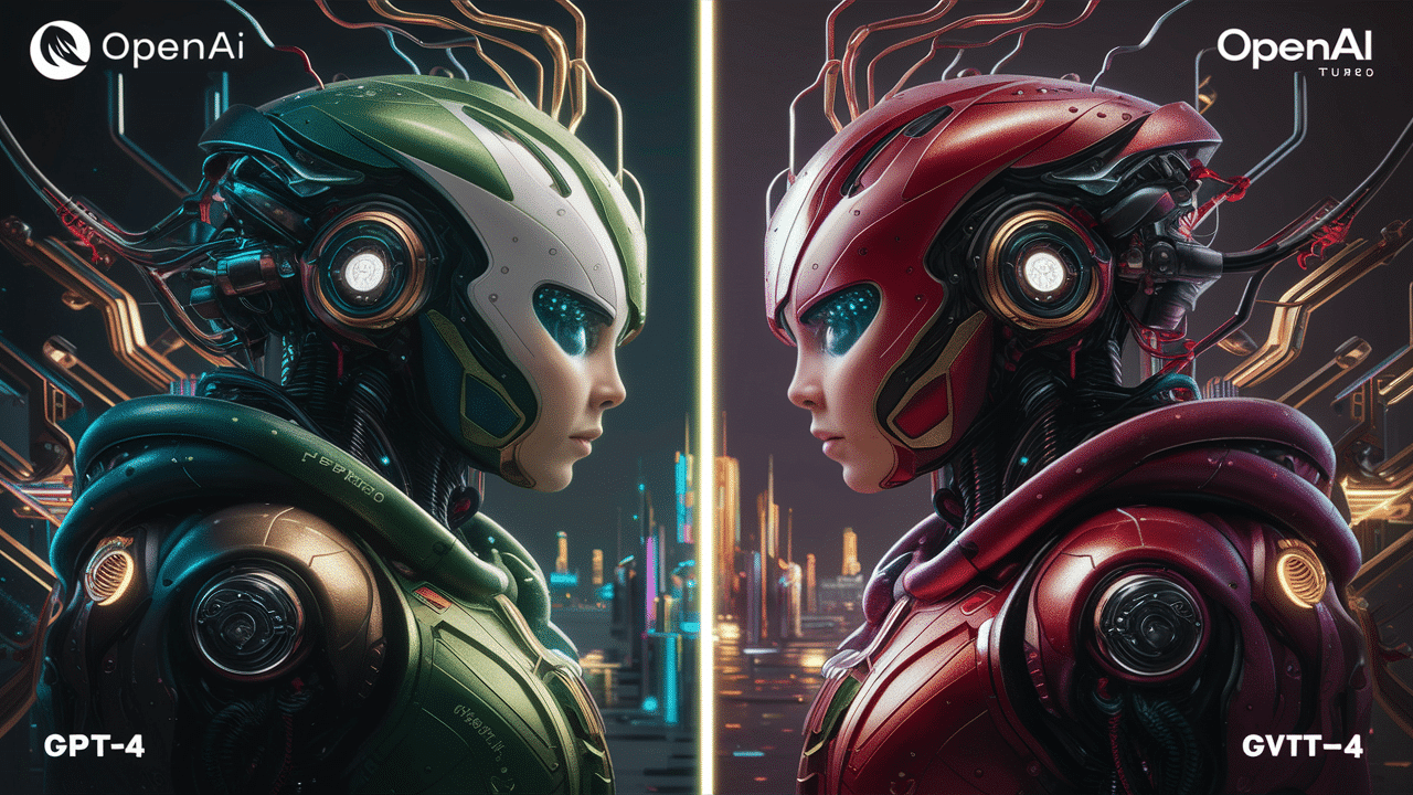 Generated by Ideogram 1.0 - Prompt: A visually striking comparison of the top models from OpenAI, GPT-4 and GPT-4 Turbo, side by side. The models are illustrated as sleek, futuristic robots with intricate designs and glowing elements. GPT-4 is shown in a green and copper color scheme, while GPT-4 Turbo is in a vibrant red and gold. The background is a futuristic cityscape, with neon lights and innovative architectural designs. The overall tone is captivating and dynamic, reflecting the advanced capabilities of these AI models.