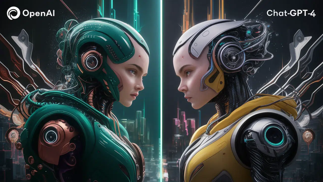 Generated by Ideogram 1.0 - Prompt: A visually striking comparison of the top models from OpenAI, GPT-4 and ChatGPTs GPT-4, side by side. The models are illustrated as sleek, futuristic robots with intricate designs and glowing elements. GPT-4 is shown in a green and copper color scheme, while ChatGPTs GPT-4 is in a yellow and palladium. The background is a futuristic cityscape, with neon lights and innovative architectural designs. The overall tone is captivating and dynamic, reflecting the advanced capabilities of these AI models.