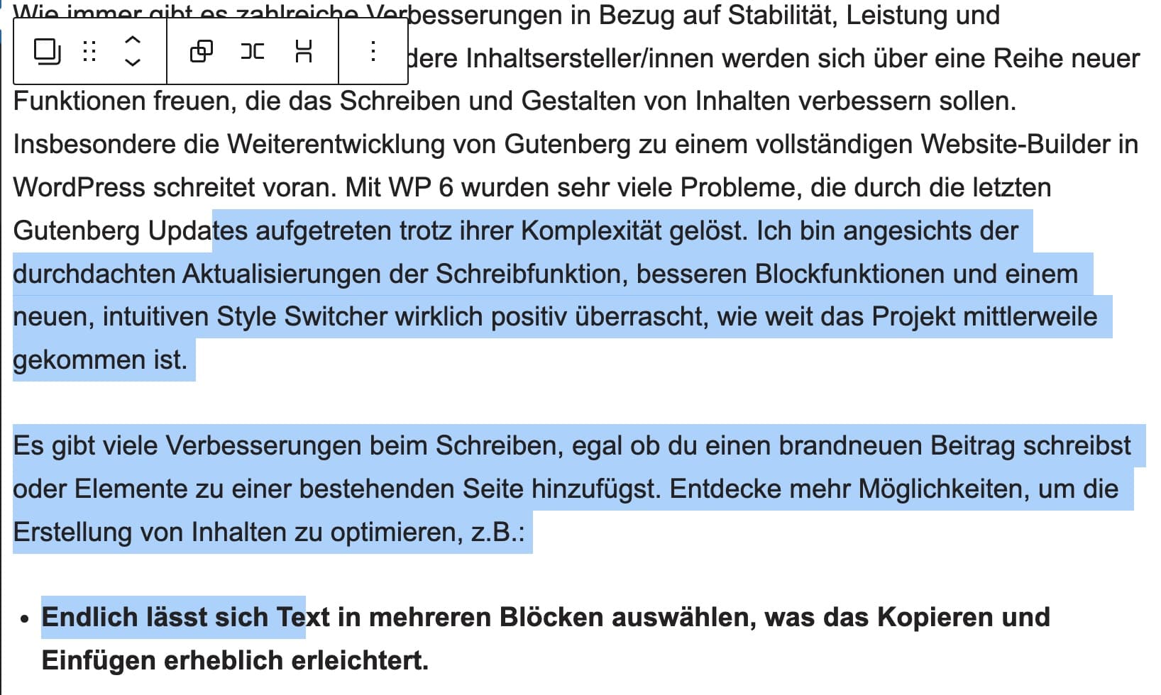 Screenshot vom neuen Markieren über mehrere Blöcke hinweg