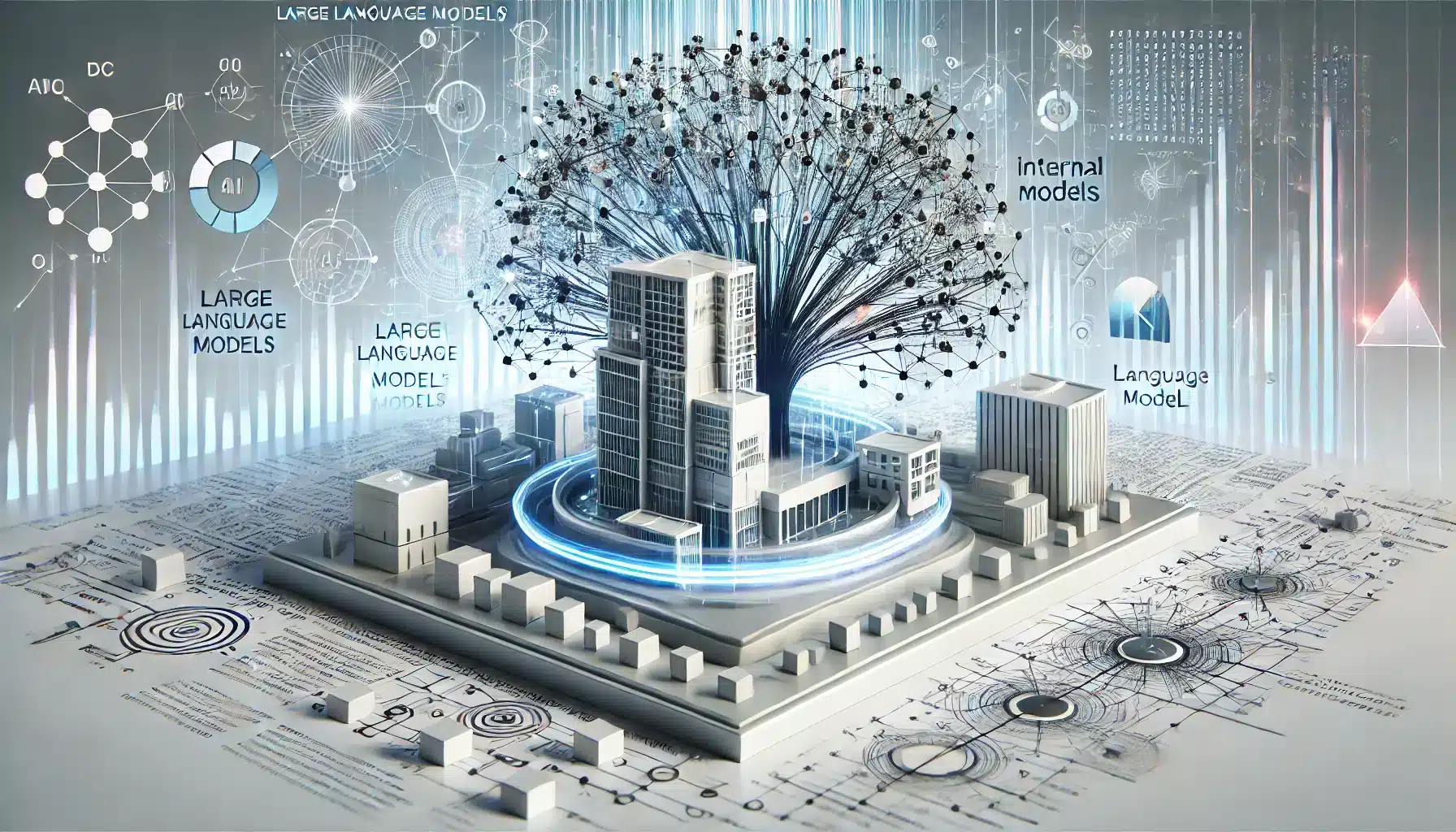 A conceptual image illustrating the idea of large language models (LLMs) creating internal models to solve complex problems. The image shows a futuris