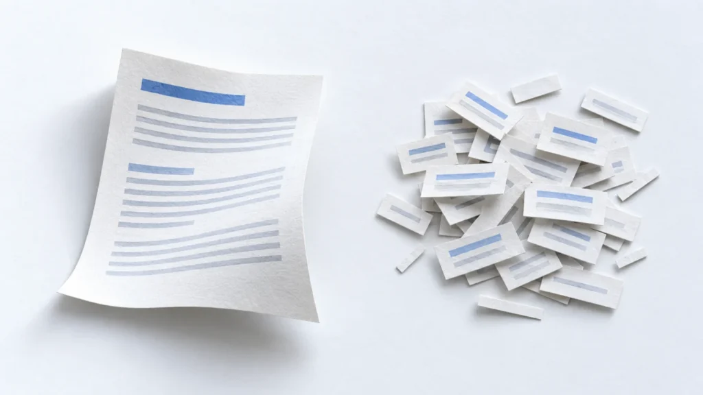 Ein lesbar gegliedertes Blatt steht vielen voneinander getrennten Papierschnipseln gegenüber.