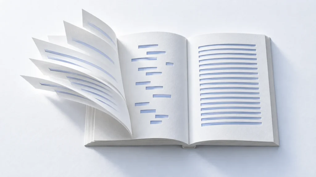 Ein aufgefächertes Papierbuch verbindet flüchtiges Blättern und unterschiedlich dichte Lesespuren.