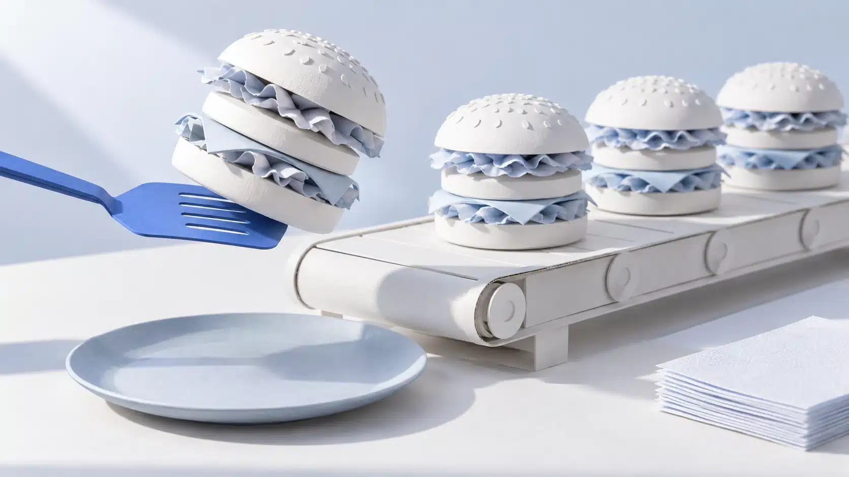 Eine blaue Pfannenwender-Kelle hebt einen weißen Papierburger vor einer Reihe weiterer Papierburger an.