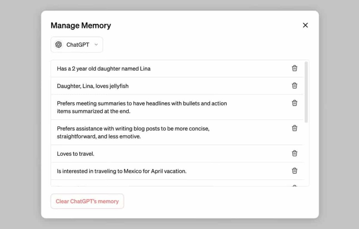 Manage Memory Screenshot von ChatGPT
